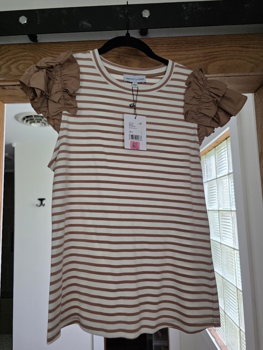 Gibson Latimer Striped Ruffle Sleeve Dress - Tan & White